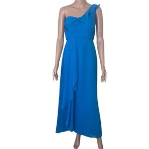 Chiffon cascading one shoulder dress from David’s Bridal in the color blue SZ 2